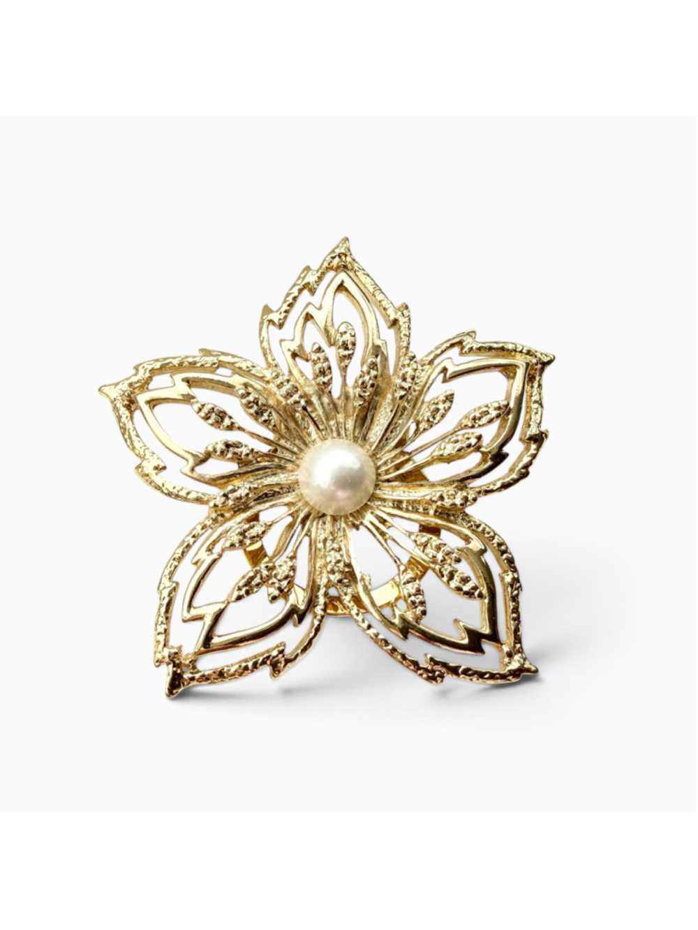 Vintage Gold Tone Floral Scarf Clip with Faux Pearl Statement Jewelry